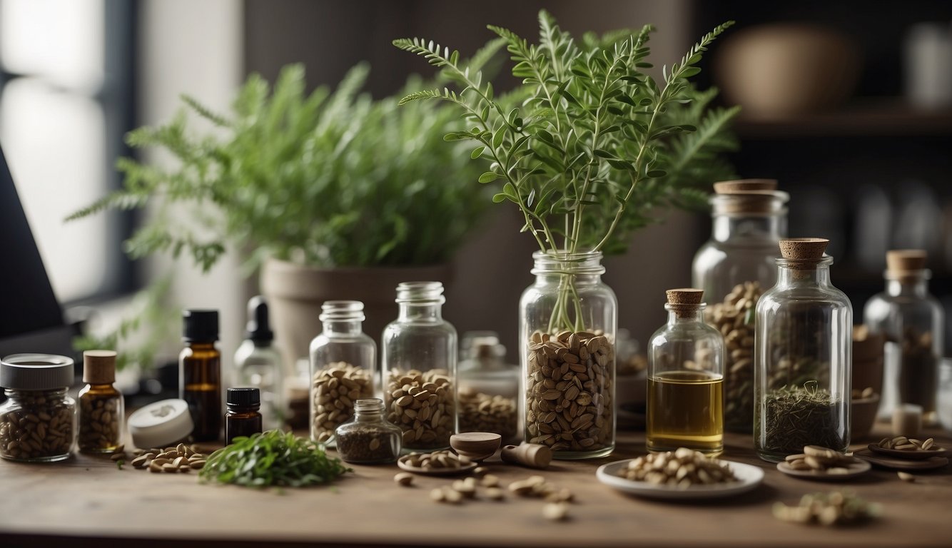Astragalus plant with roots and leaves, surrounded by scientific equipment and bottles of herbal supplements