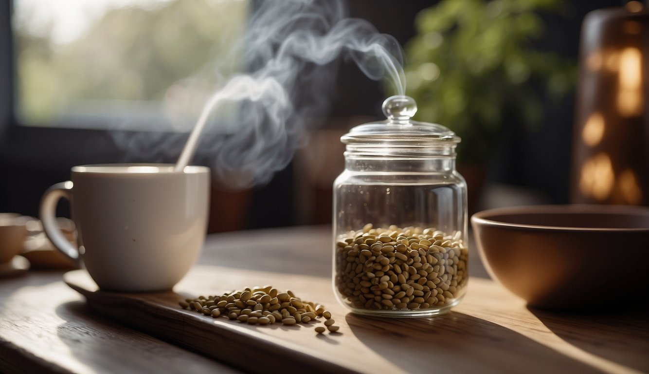 A jar of astragalus capsules next to a cup of tea with a steaming kettle in the background