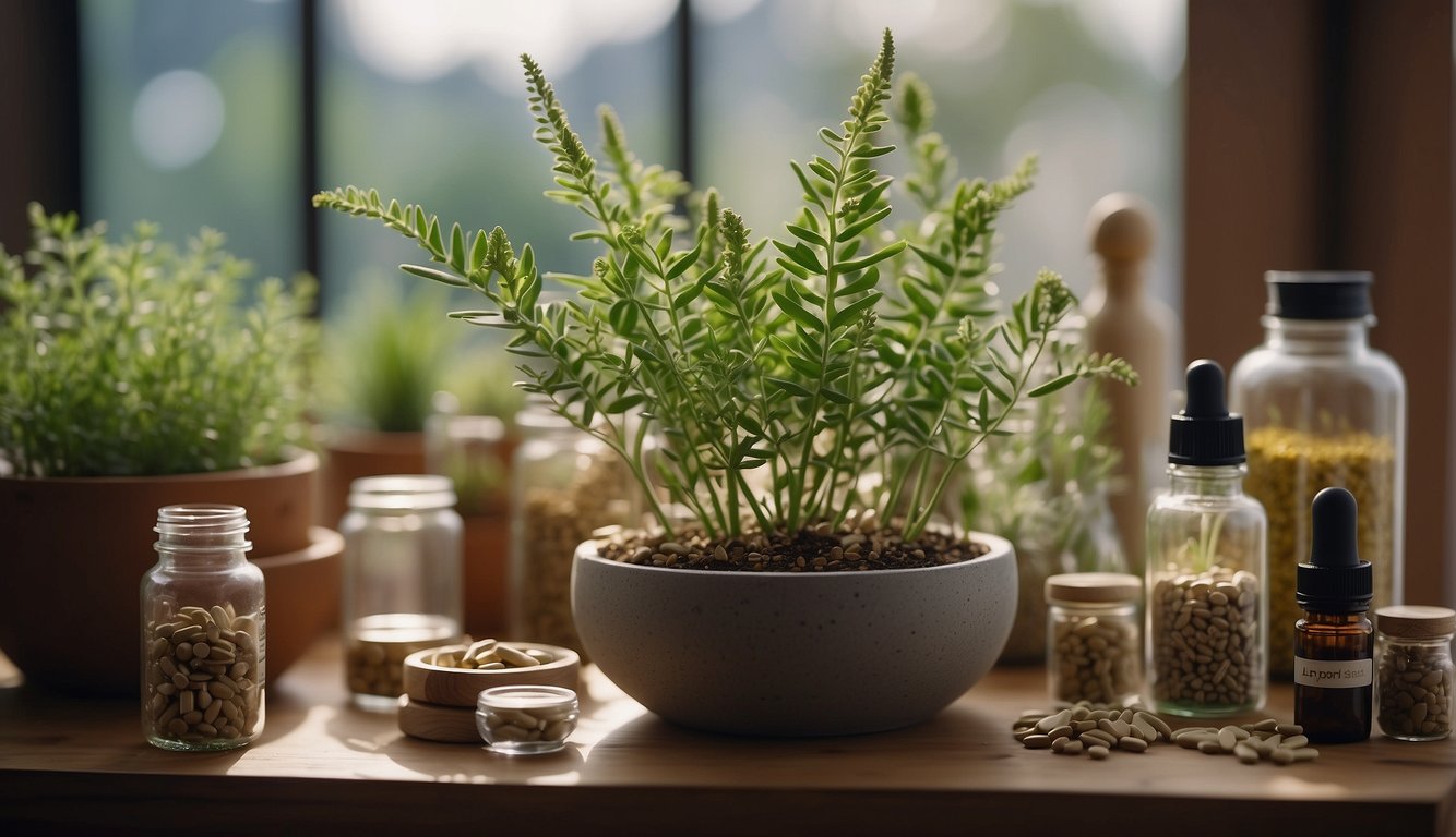 A vibrant astragalus plant surrounded by herbal supplements and alternative therapy tools