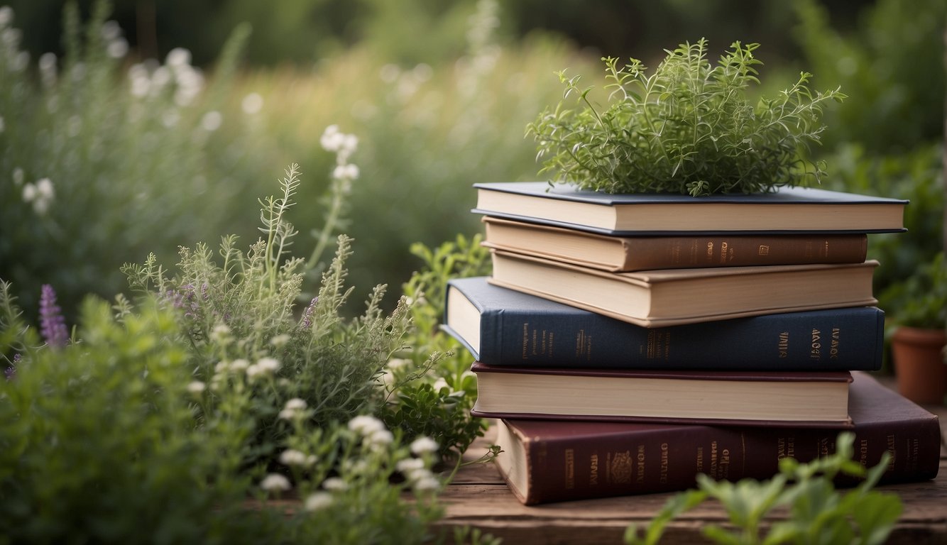 A pile of books with "Frequently Asked Questions about Astragalus" on top, surrounded by herbs and plants