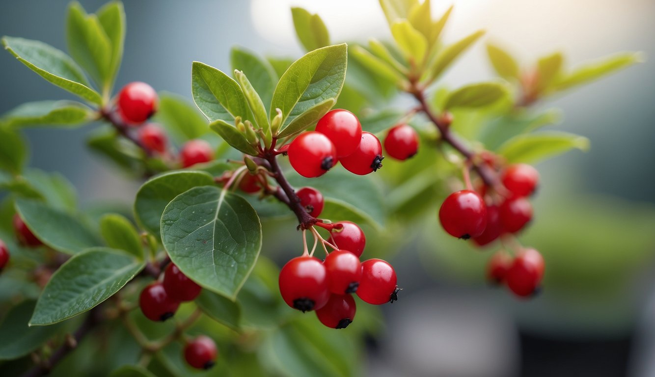 A barberry plant with vibrant green leaves and bright red berries, surrounded by a few smaller plants and a backdrop of a research laboratory