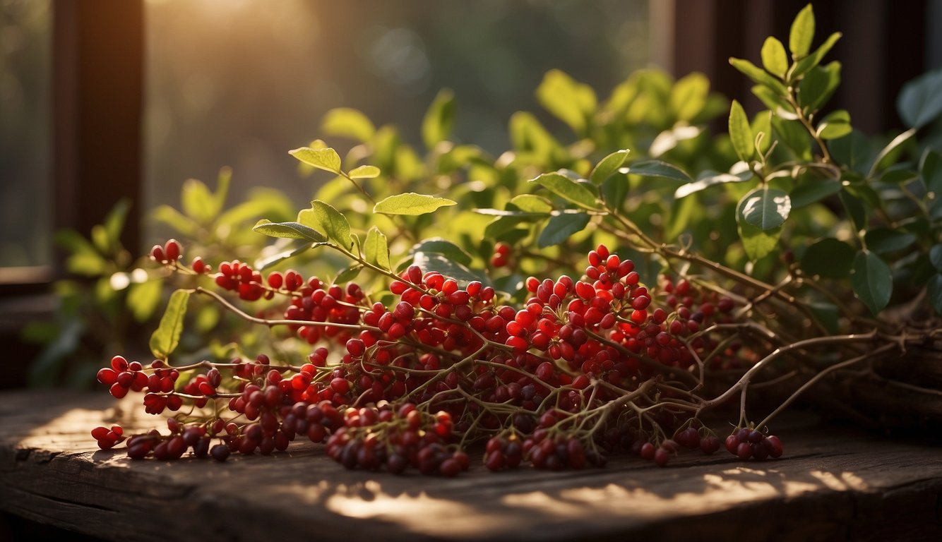 A vibrant barberry root sits on a rustic wooden surface, surrounded by traditional herbs and remedies. Its earthy, deep red color and intricate texture are highlighted by the warm glow of sunlight filtering through a nearby window