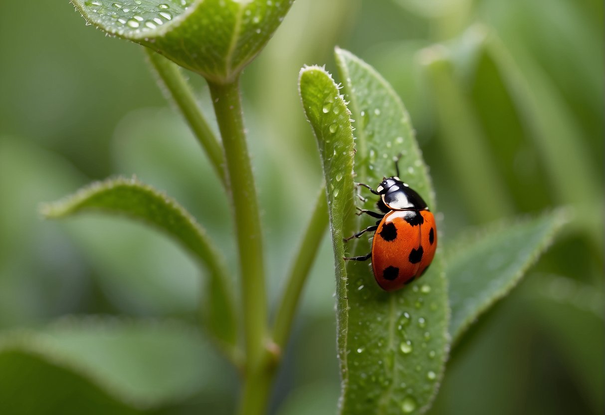 A ladybug eats aphids on a green plant