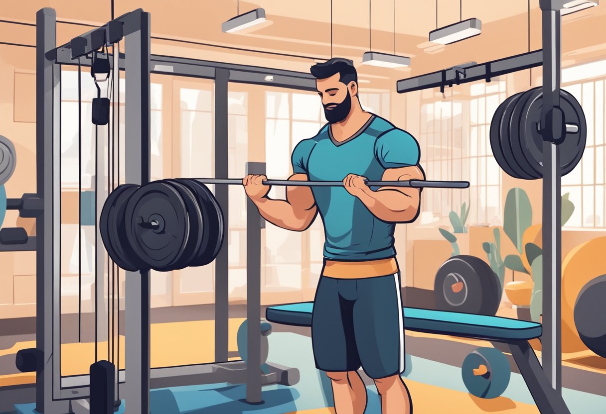 A person lifting weights in a gym, surrounded by exercise equipment and motivational posters. A nutritionist and personal trainer are discussing meal plans and workout routines nearby