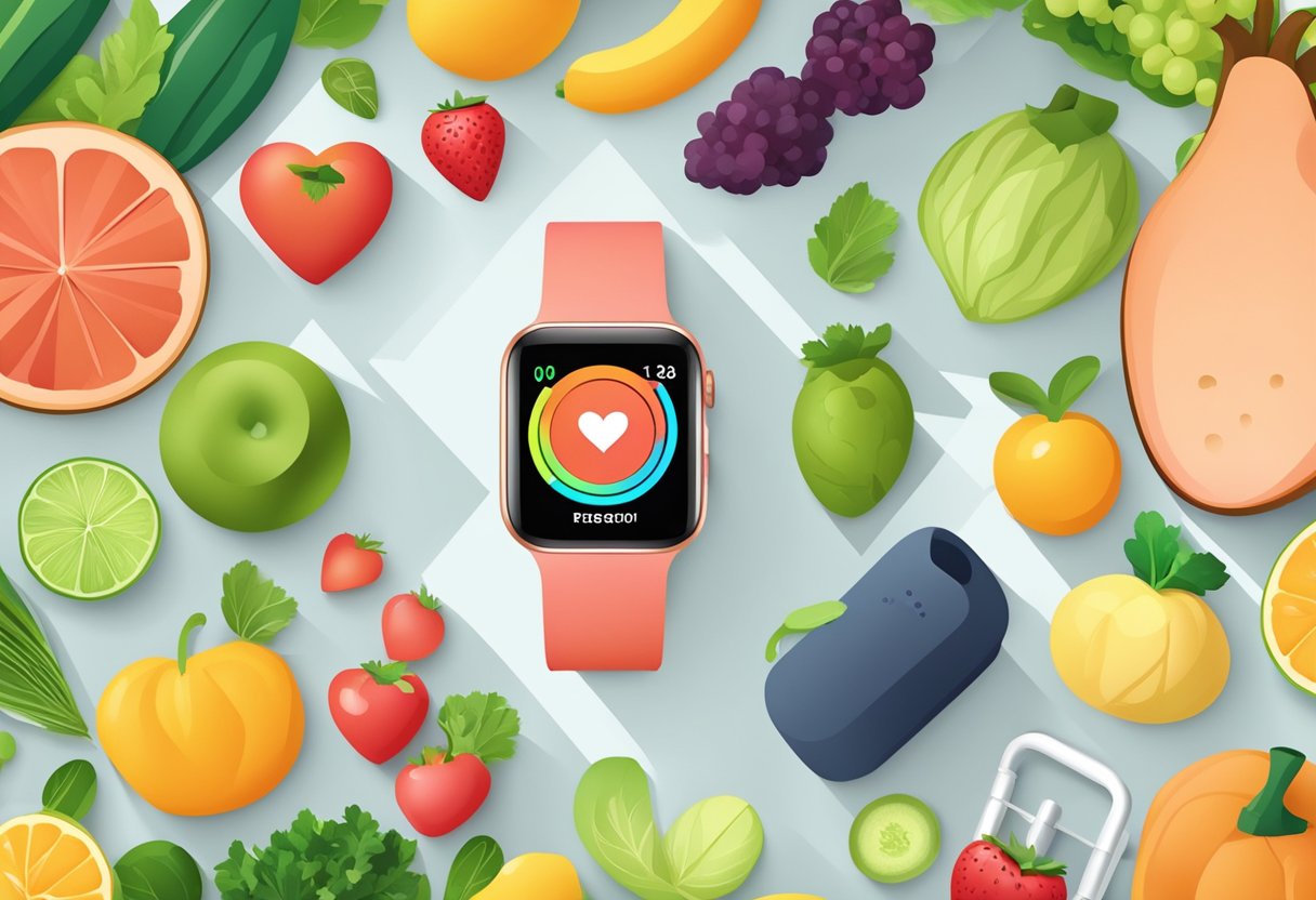 A heart-shaped fitness tracker surrounded by fruits, vegetables, and exercise equipment