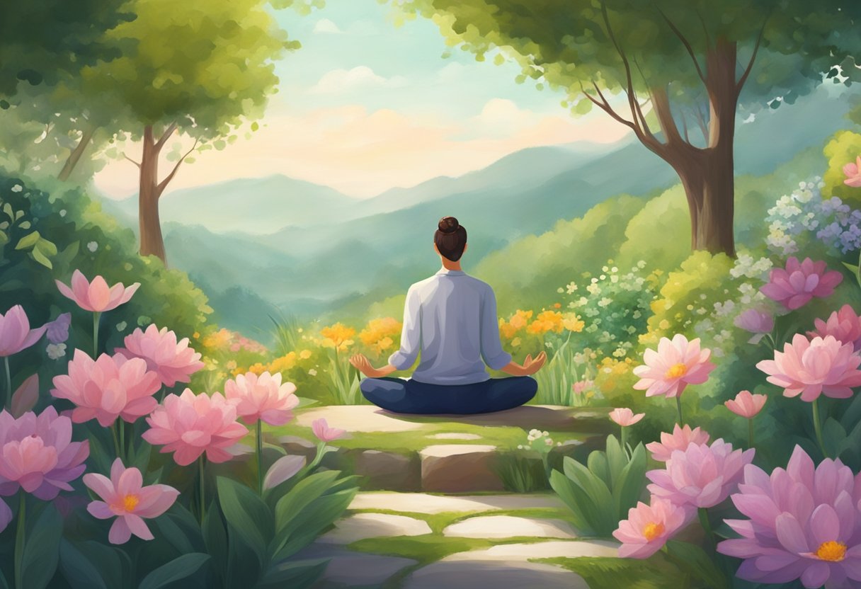 A person meditates in a peaceful garden, surrounded by blooming flowers and lush greenery. The serene atmosphere promotes mental well-being and a strong mind-body connection