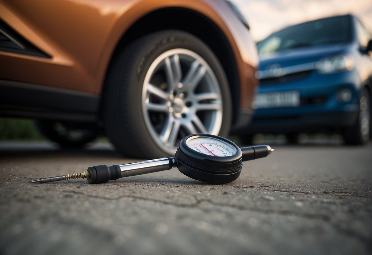 A car parked on a flat surface, with a tire gauge and air pump nearby. The tire pressure label is visible on the inside of the driver's side door