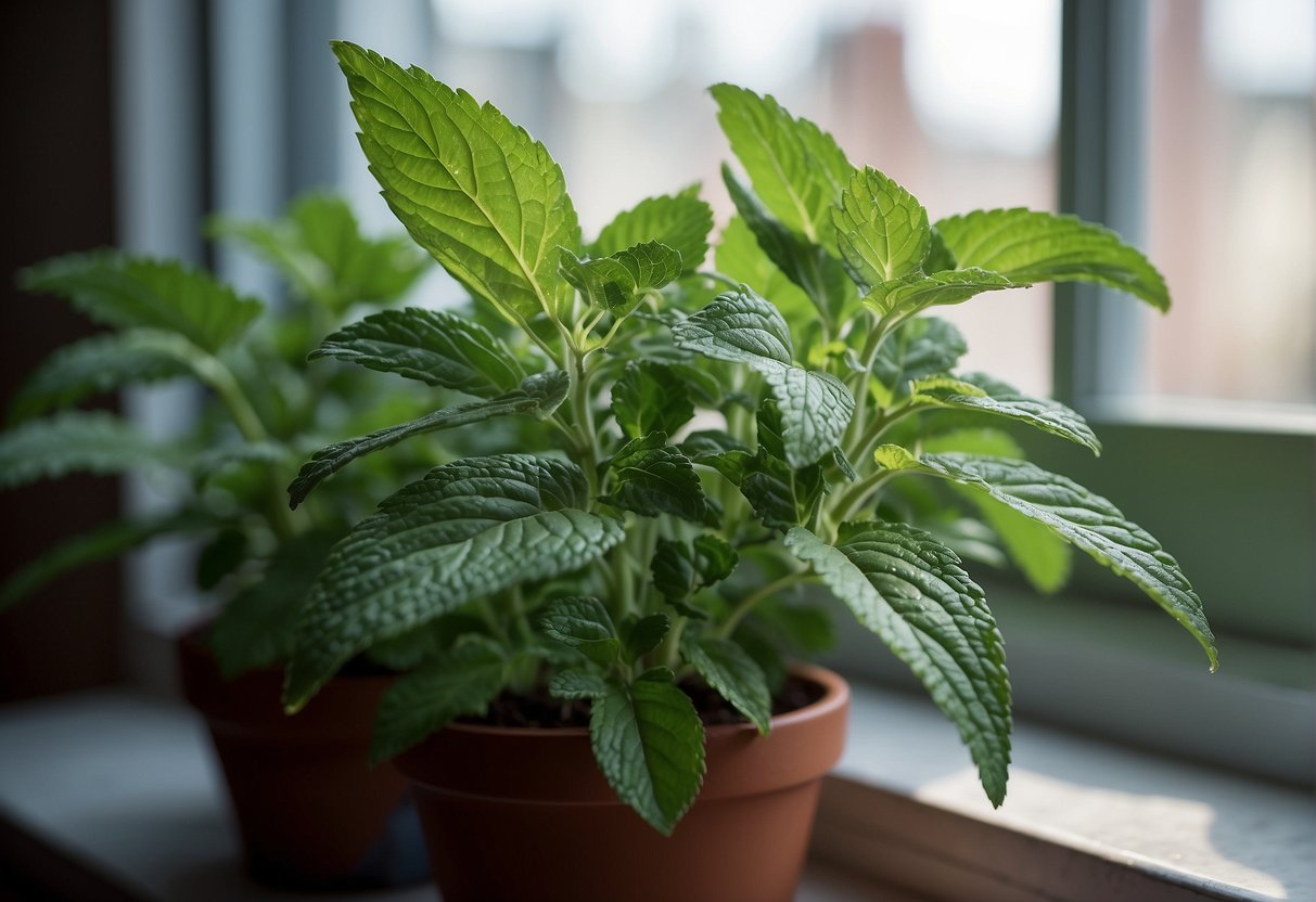 A mint plant sits on a windowsill, its leaves vibrant and fragrant. Nearby, a spider scuttles away, avoiding the mint's scent