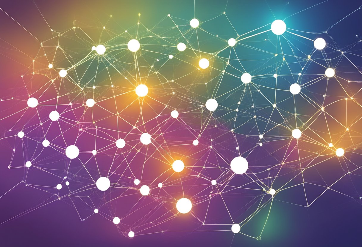 A network of interconnected nodes symbolizing SingularityNET - AGIX, emitting a vibrant and dynamic energy, with lines and shapes representing the flow of information and communication