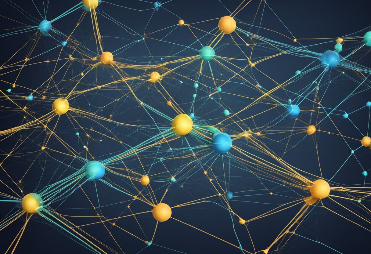 A network of interconnected nodes forms the Technological Infrastructure SingularityNET - AGIX, with data flowing seamlessly between them