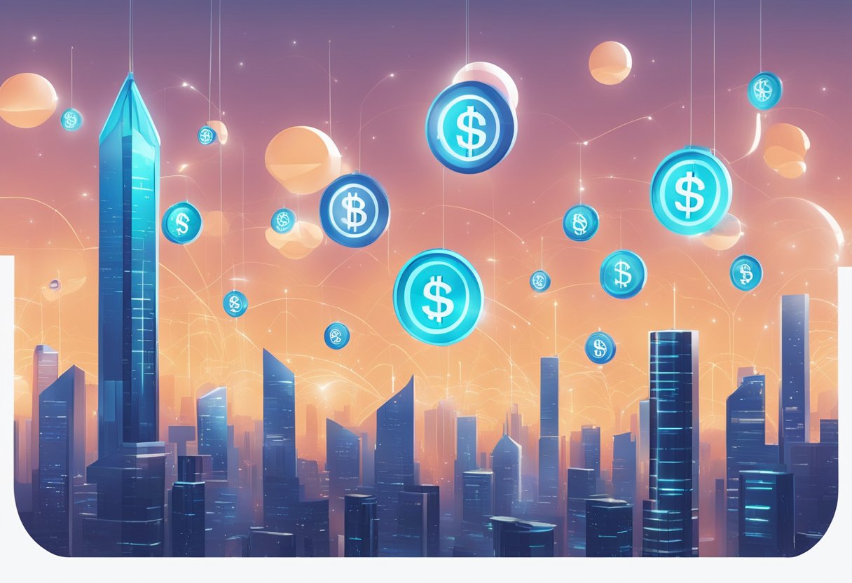 A futuristic cityscape with digital currency symbols floating in the air, representing the economic and tokenomics of SingularityNET - AGIX