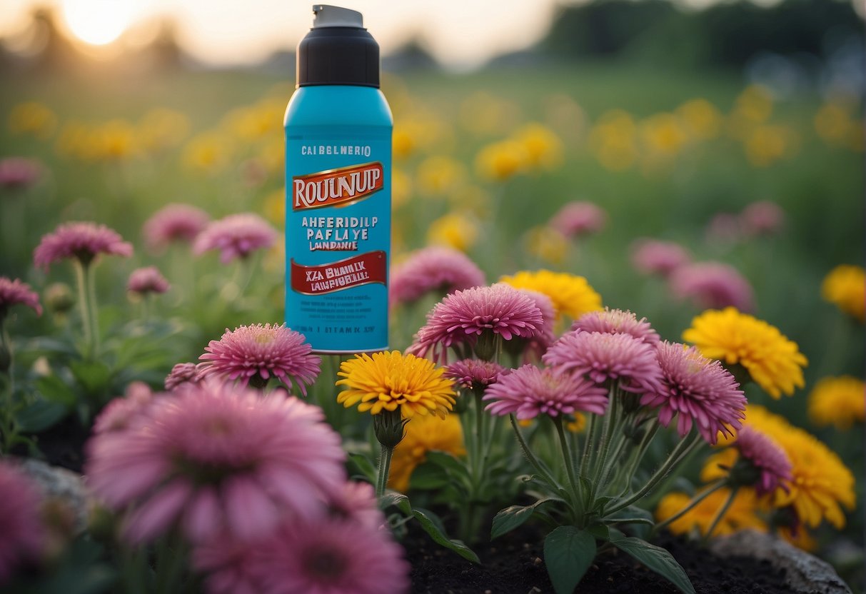 Roundup spray lands on vibrant flowers, causing them to wither and die