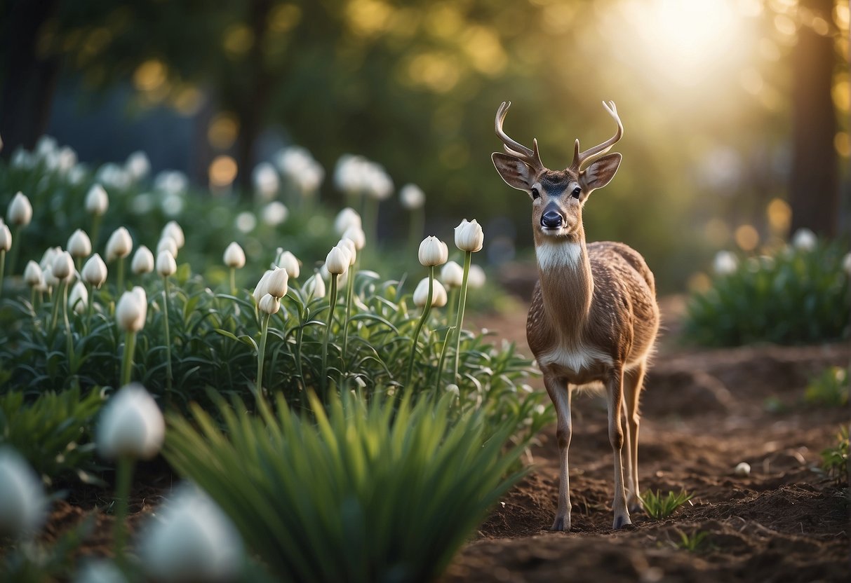 Garlic plants surround a garden, deer cautiously avoid the area