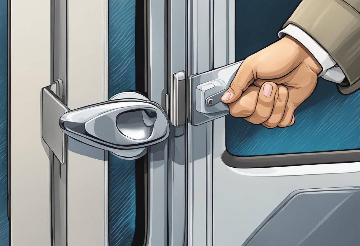 A hand reaches for the airplane door handle, twisting it open