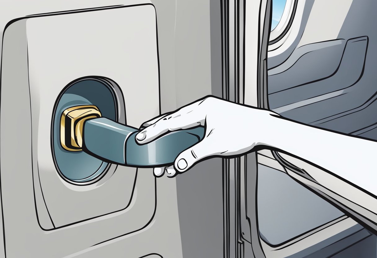 A hand reaches for an airplane door handle, following safety procedures to open it