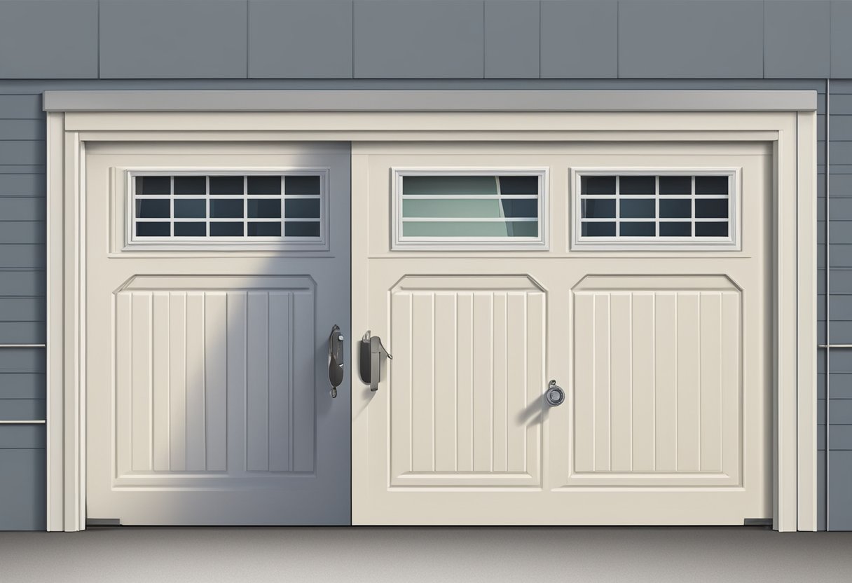 A hand reaches for the garage door handle, turning it to open the door. The mechanism and structure of the garage door are visible