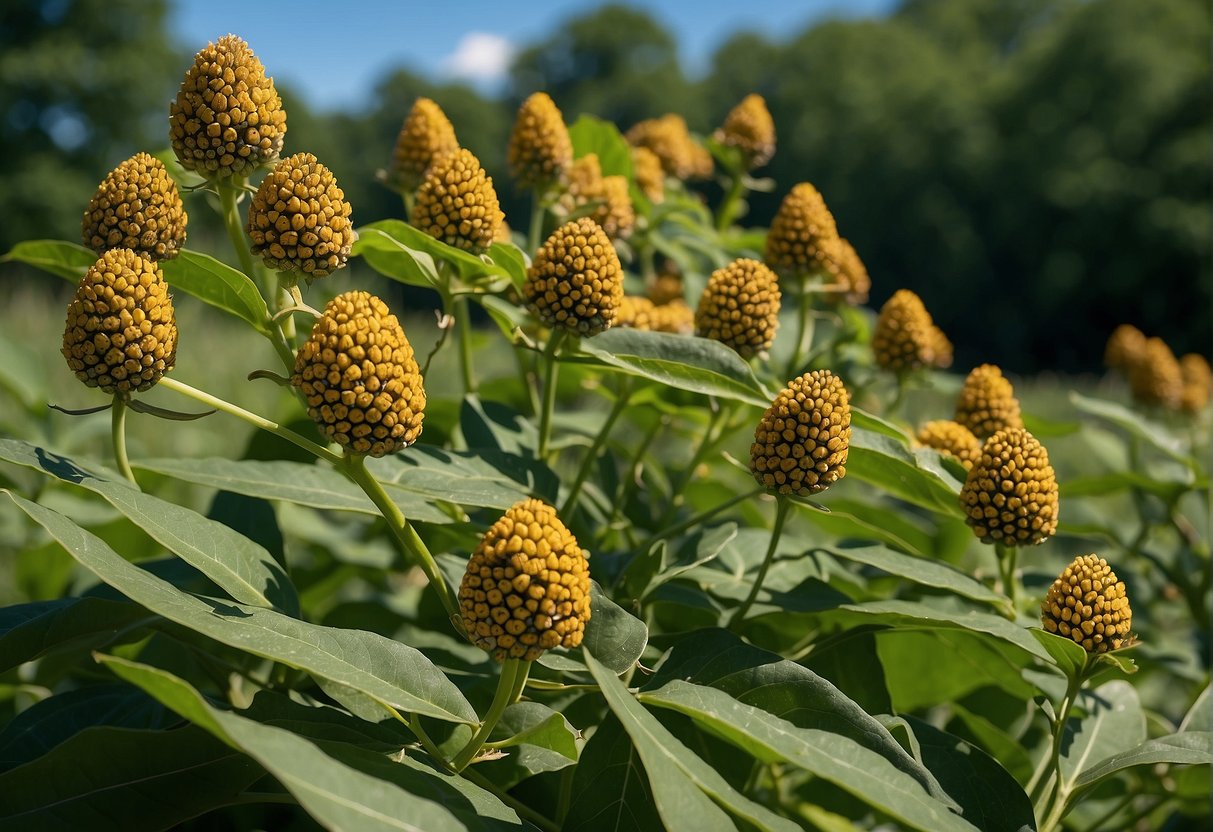 Milkweed plants repel and kill lanternflies. The vibrant green leaves stand tall against the blue sky, while the lanternflies lie motionless on the ground below