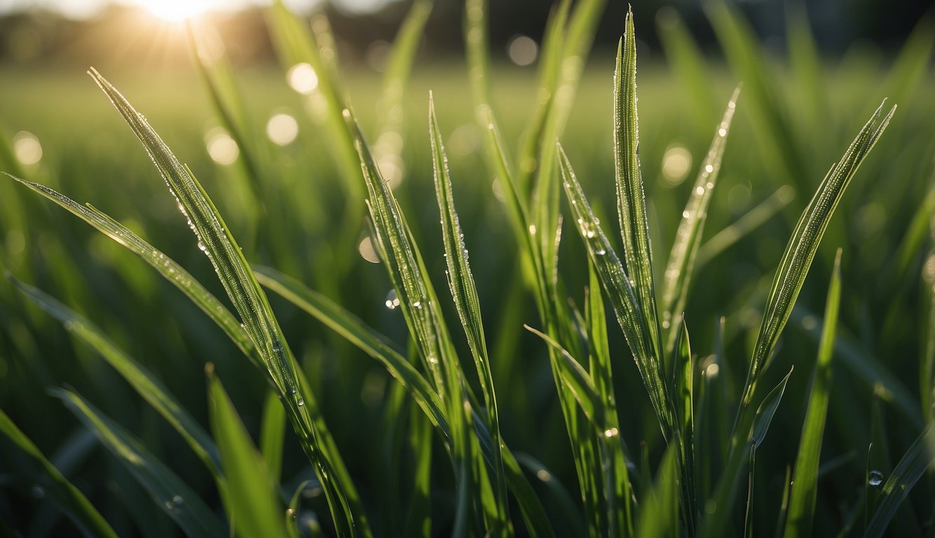 A lush field of vibrant green barley grass sways gently in the breeze, glistening with dew in the morning sunlight