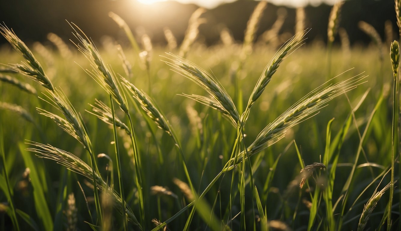 Lush green barley grass sways in the breeze, surrounded by vibrant wildflowers and buzzing insects. The sun casts a warm glow, highlighting the health and vitality of the plants