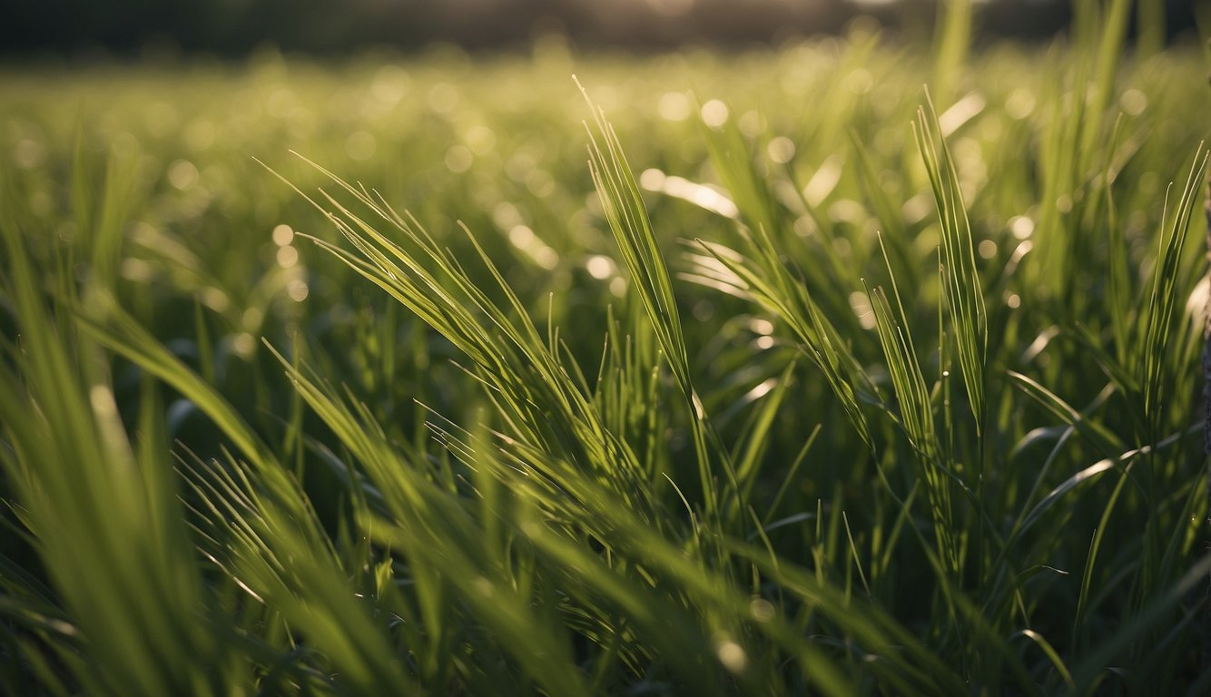 Barley grass grows in a lush, vibrant field, surrounded by diverse flora and fauna. The soil is rich and healthy, showcasing the environmental impact and sustainability of this beneficial plant