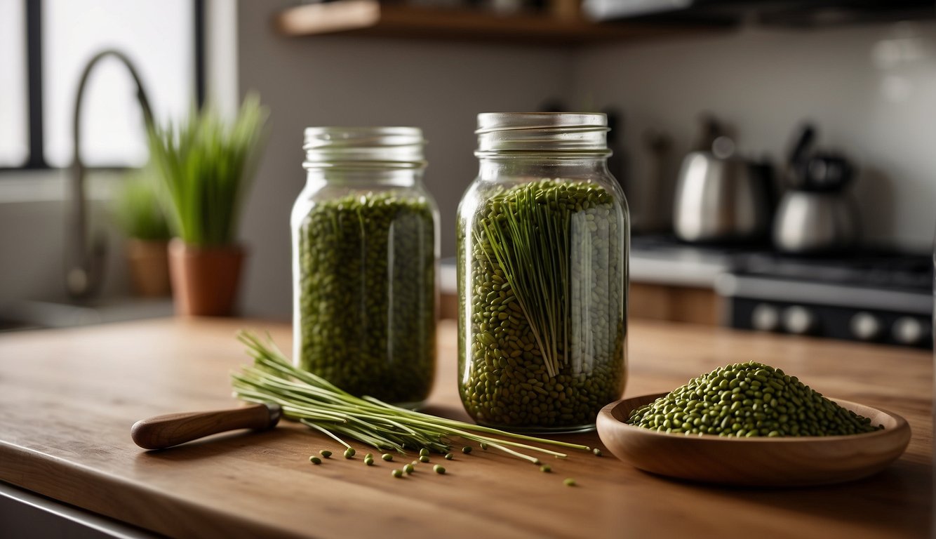 A jar filled with freshly harvested barley grass sits on a kitchen counter next to a cutting board and knife. A person's hand reaches for the jar, ready to prepare and store the nutritious superfood