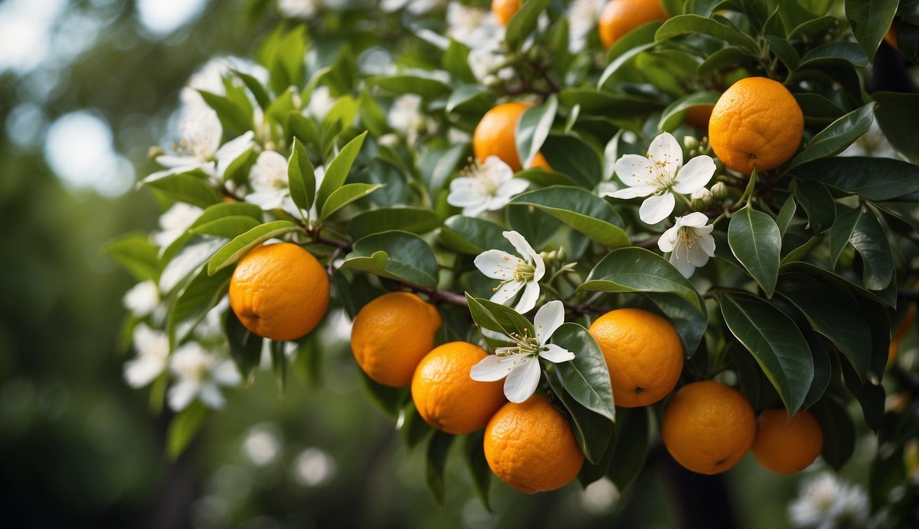 A vibrant orange tree bursting with ripe fruit, surrounded by lush green leaves and delicate white blossoms