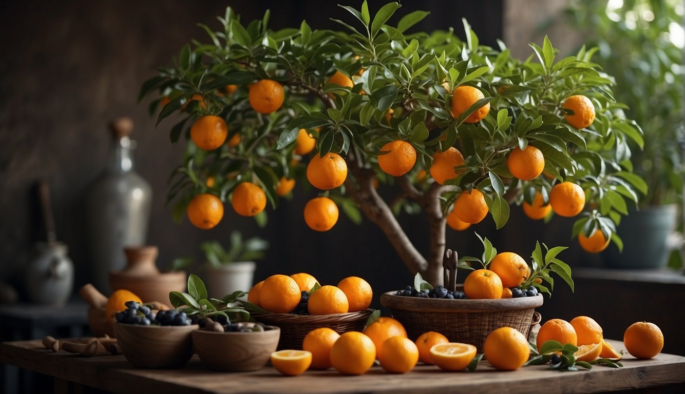 Bitter orange tree with ripe fruit and green leaves, surrounded by traditional medicine herbs and tools