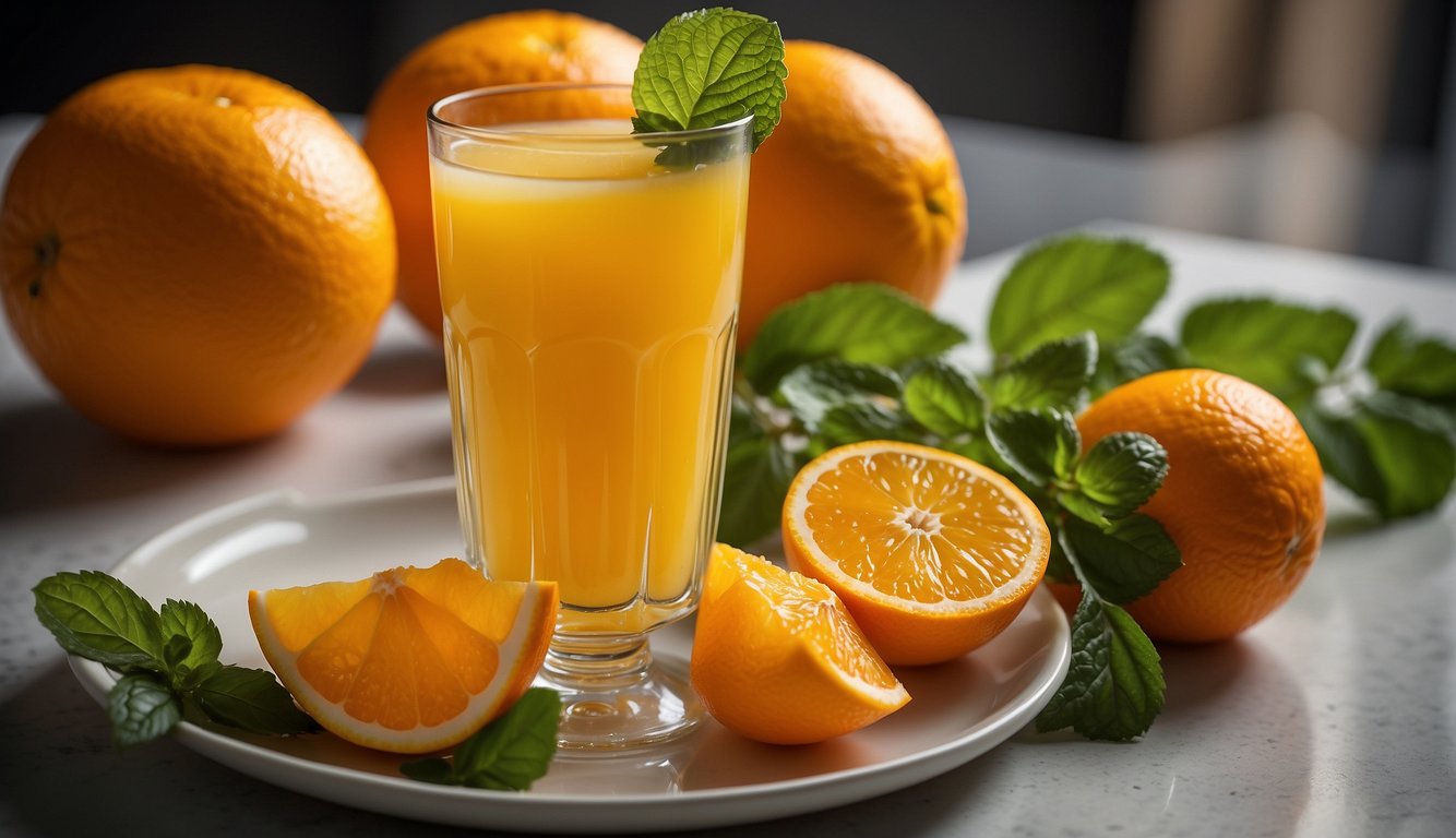 A glass of bitter orange juice sits next to a plate of sliced bitter oranges, surrounded by fresh mint leaves and a scattering of orange zest