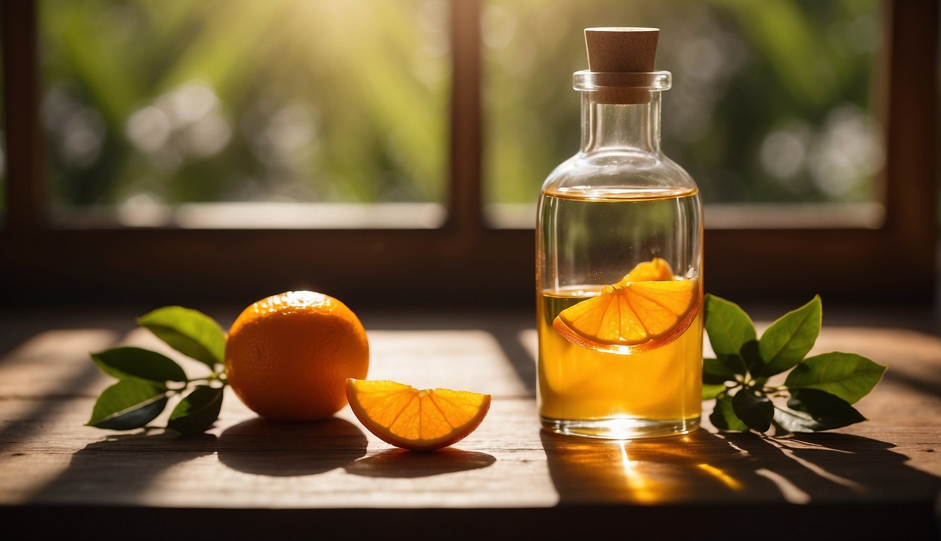 A glass bottle of bitter orange essential oil sits on a wooden table surrounded by fresh orange peels and blossoms. The sunlight filters through the window, casting a warm glow on the scene