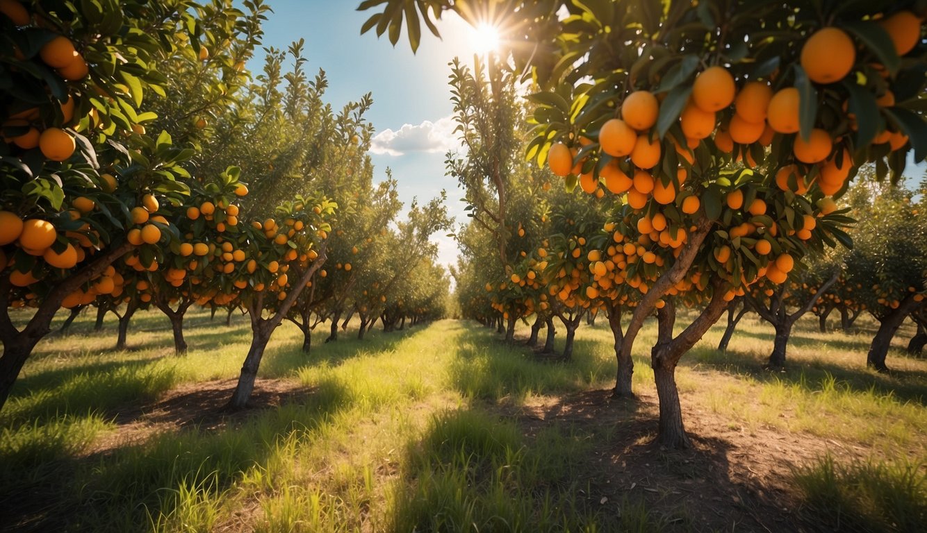 Bitter orange trees in a vibrant orchard, with ripe fruit hanging from the branches and a warm, sunny sky overhead