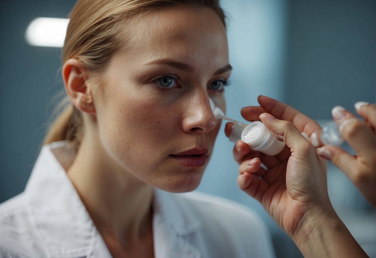 A dermatologist carefully applies a soothing cream to a red, inflamed patch on a patient's face, using gentle, precise movements