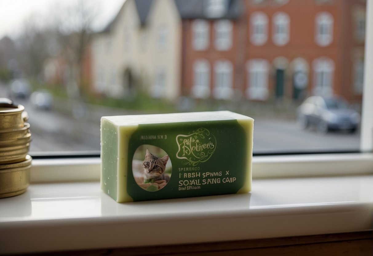 A bar of Irish Spring soap sits on a windowsill, with a curious cat approaching it cautiously