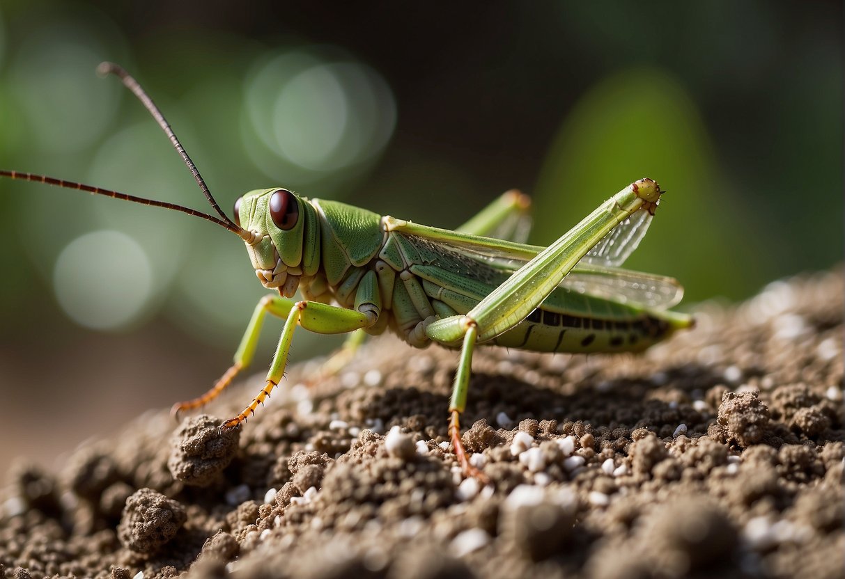 A grasshopper lies motionless, surrounded by a powdery substance. Nearby, a container of Sevin dust sits open, its contents scattered on the ground