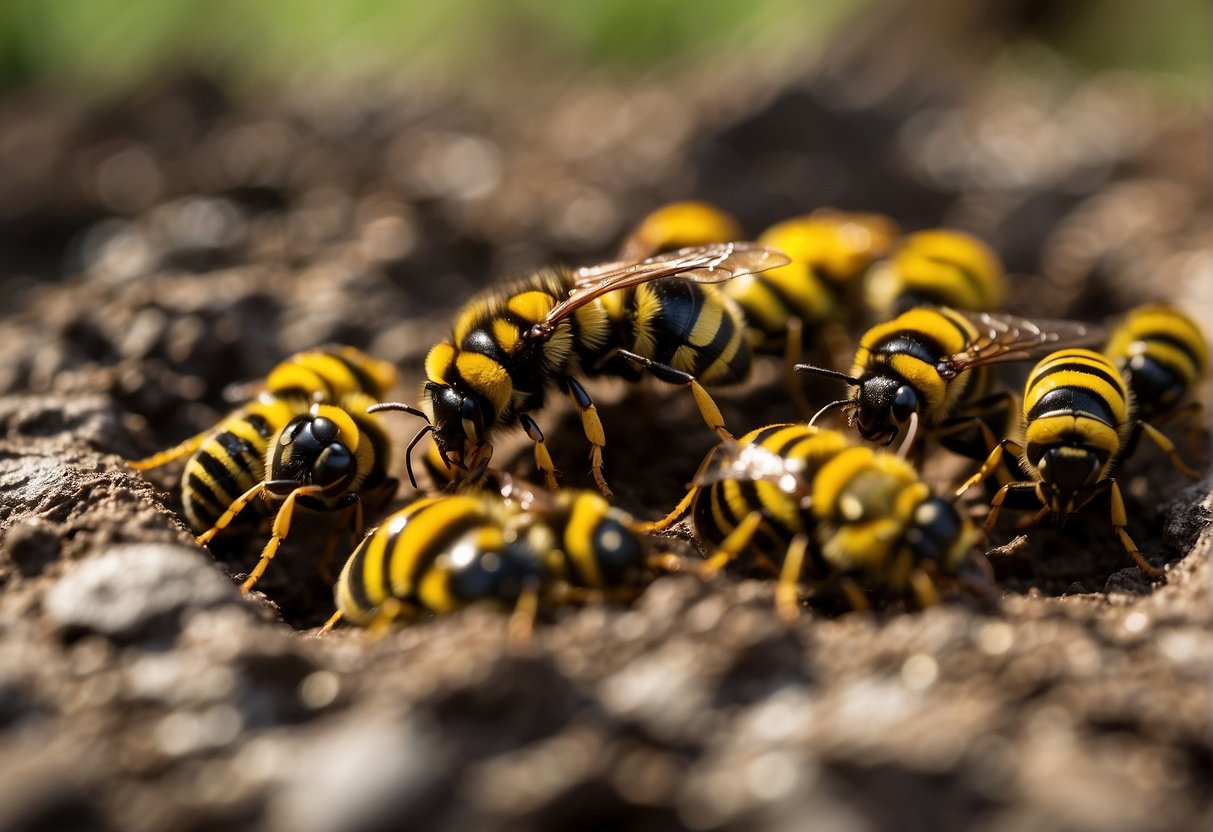 Yellow jackets swarm around a hole in the ground, their black and yellow bodies buzzing as they enter and exit their underground nest