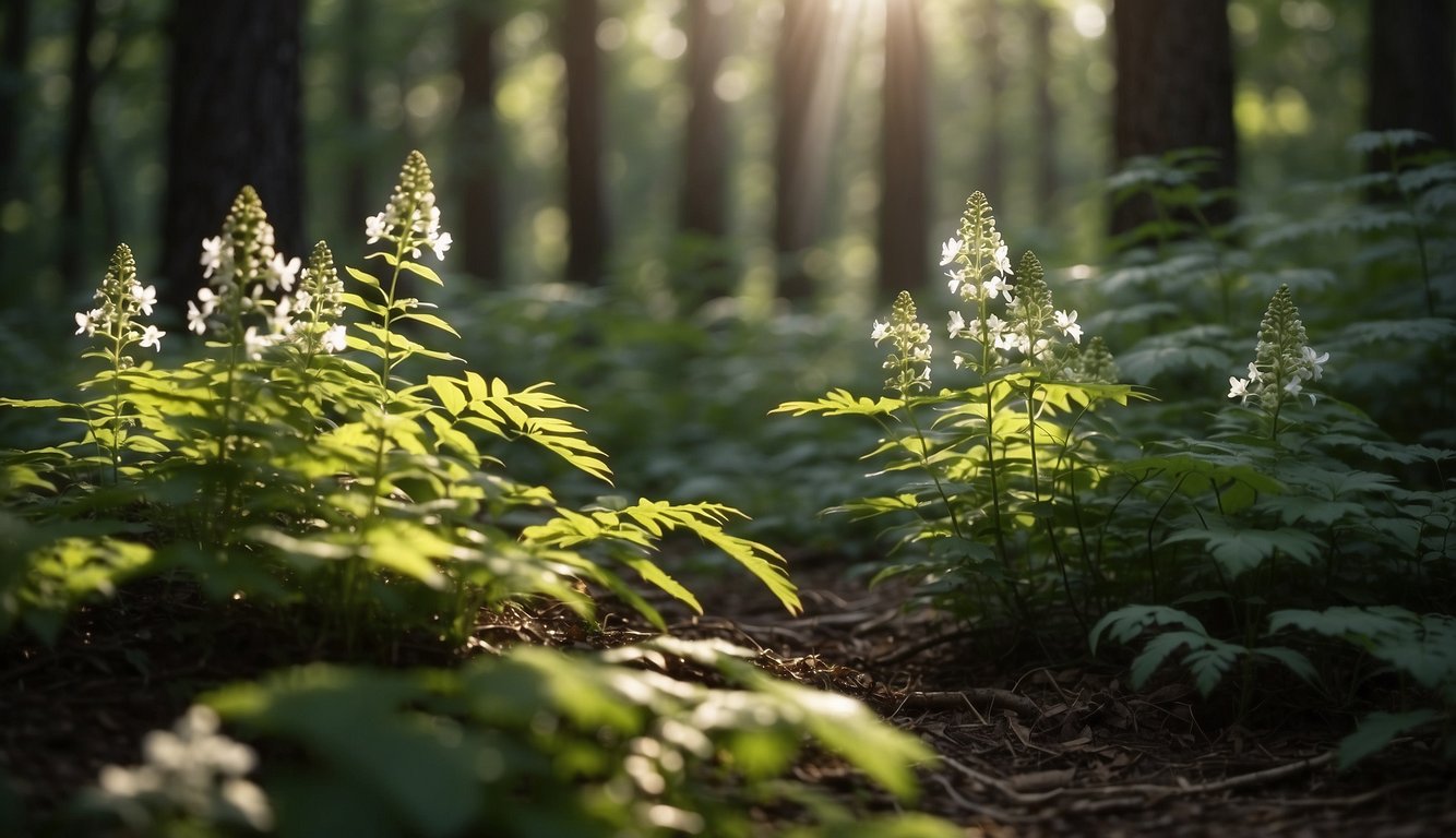 A serene forest clearing with Black Cohosh plants in bloom, surrounded by dappled sunlight filtering through the trees