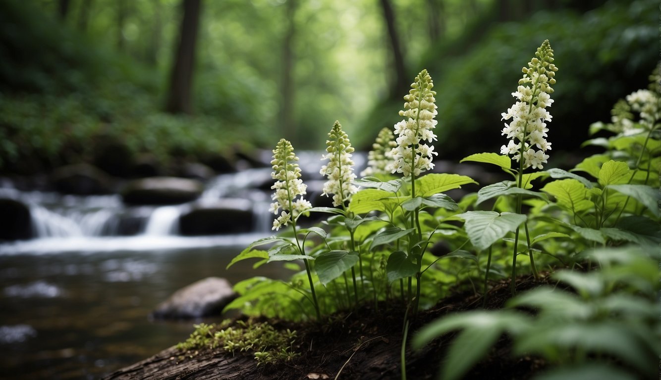 A lush forest with black cohosh plants in bloom, surrounded by peaceful wildlife and a clear stream