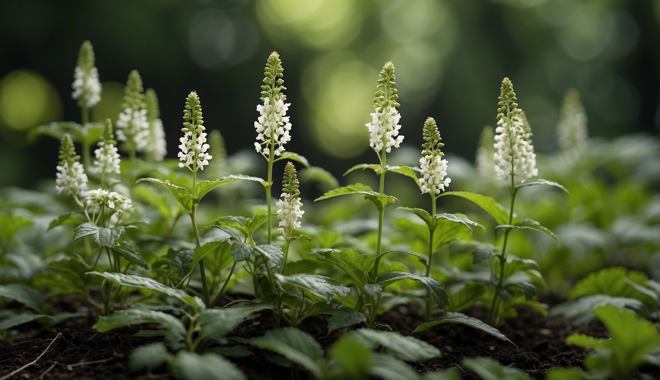 A group of Black Cohosh plants in various stages of growth, surrounded by lush green foliage and small white flowers