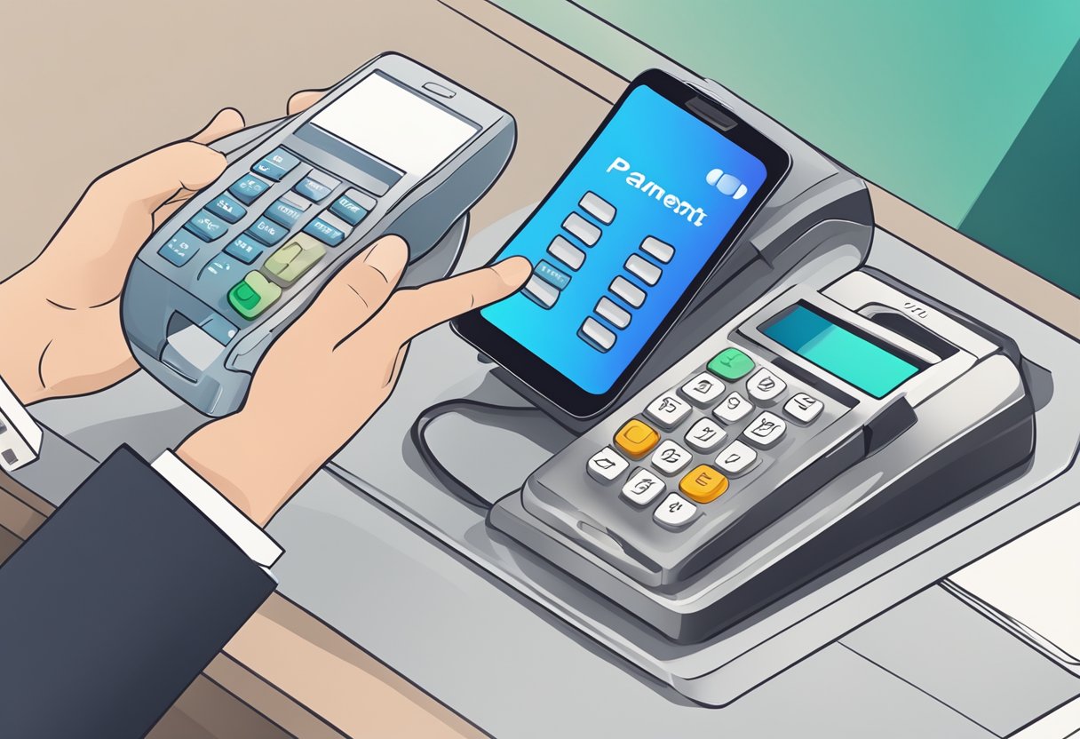 A phone with a keypad and a payment card being inserted, with a transaction being processed on a screen