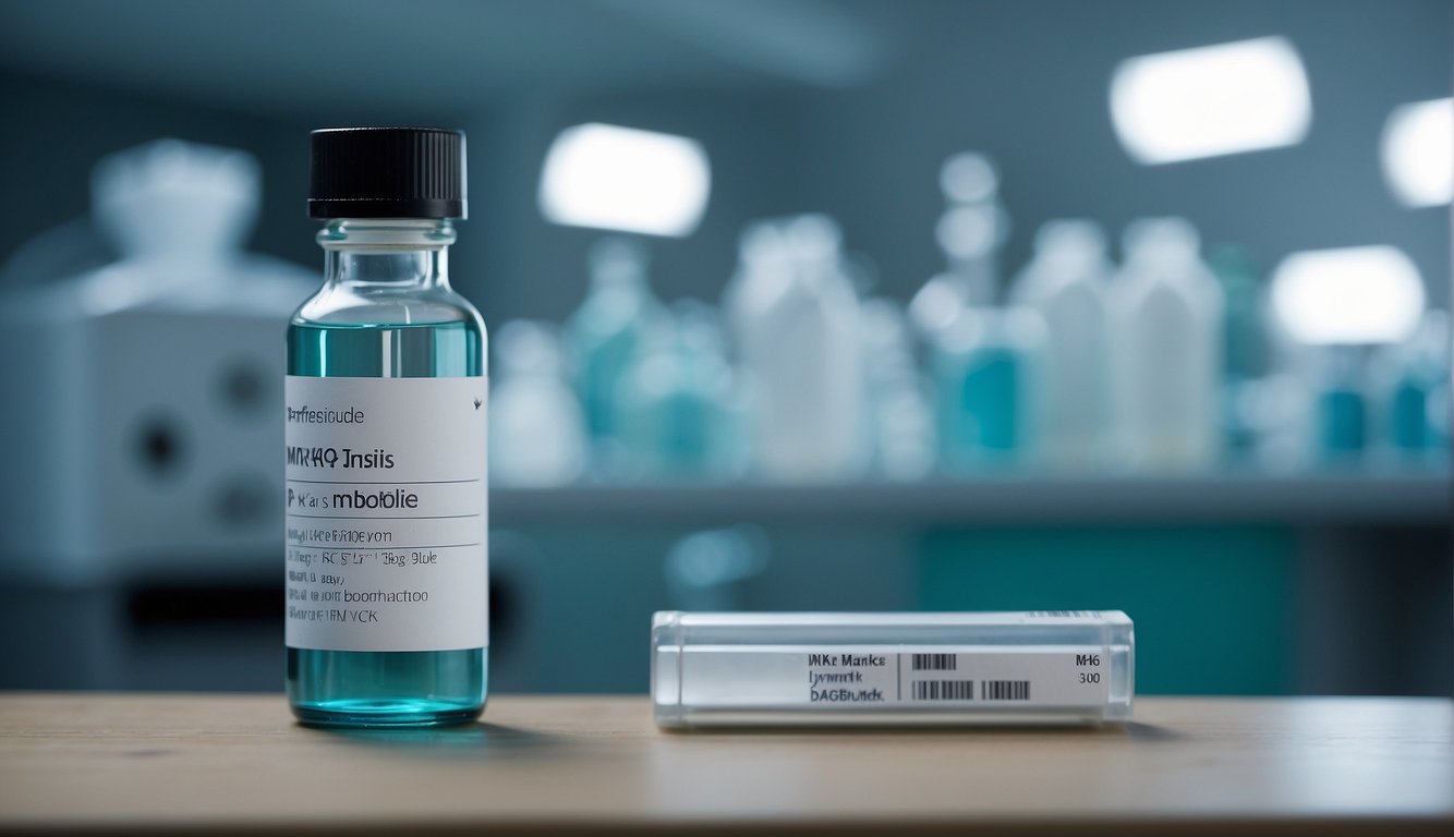 A vial of MK-677 Ibutamoren peptide sits on a laboratory bench, surrounded by scientific equipment and tools. The label on the vial is clear and legible, with the peptide's name prominently displayed