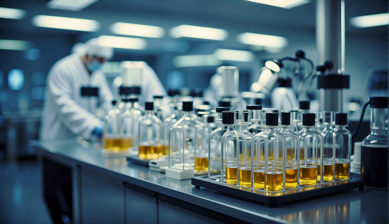 A laboratory setting with scientific equipment and containers labeled "MK-677 Ibutamoren Peptide" for research and development