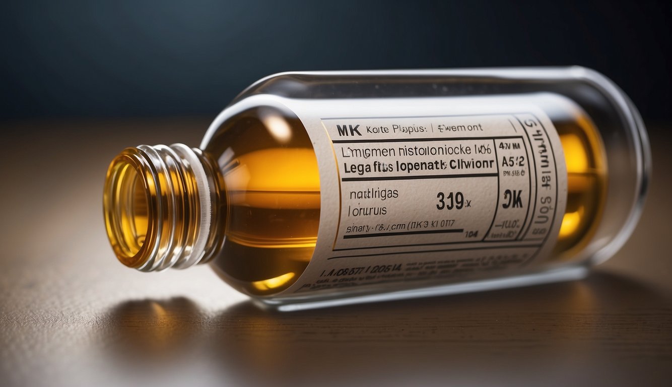 A vial of MK-677 Ibutamoren peptide with a label indicating legal status and availability