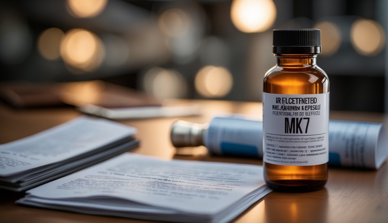 The scene depicts a bottle of MK-677 Ibutamoren Peptide with a label that reads "Frequently Asked Questions" surrounded by informational pamphlets and research articles