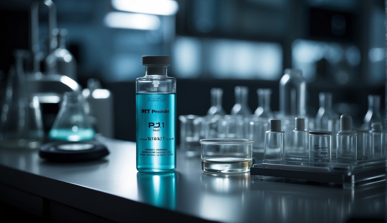 A vial of PT-141 peptide sits on a laboratory bench, surrounded by scientific equipment and glassware. The label on the vial is clearly visible, and a beam of light shines down on it, emphasizing its importance