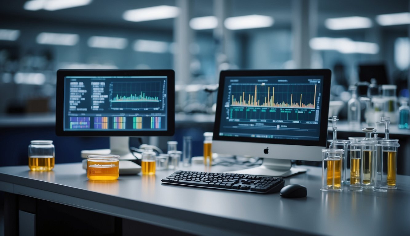 A laboratory setting with beakers, test tubes, and scientific equipment. A computer screen displaying the chemical profile of PT-141 peptide