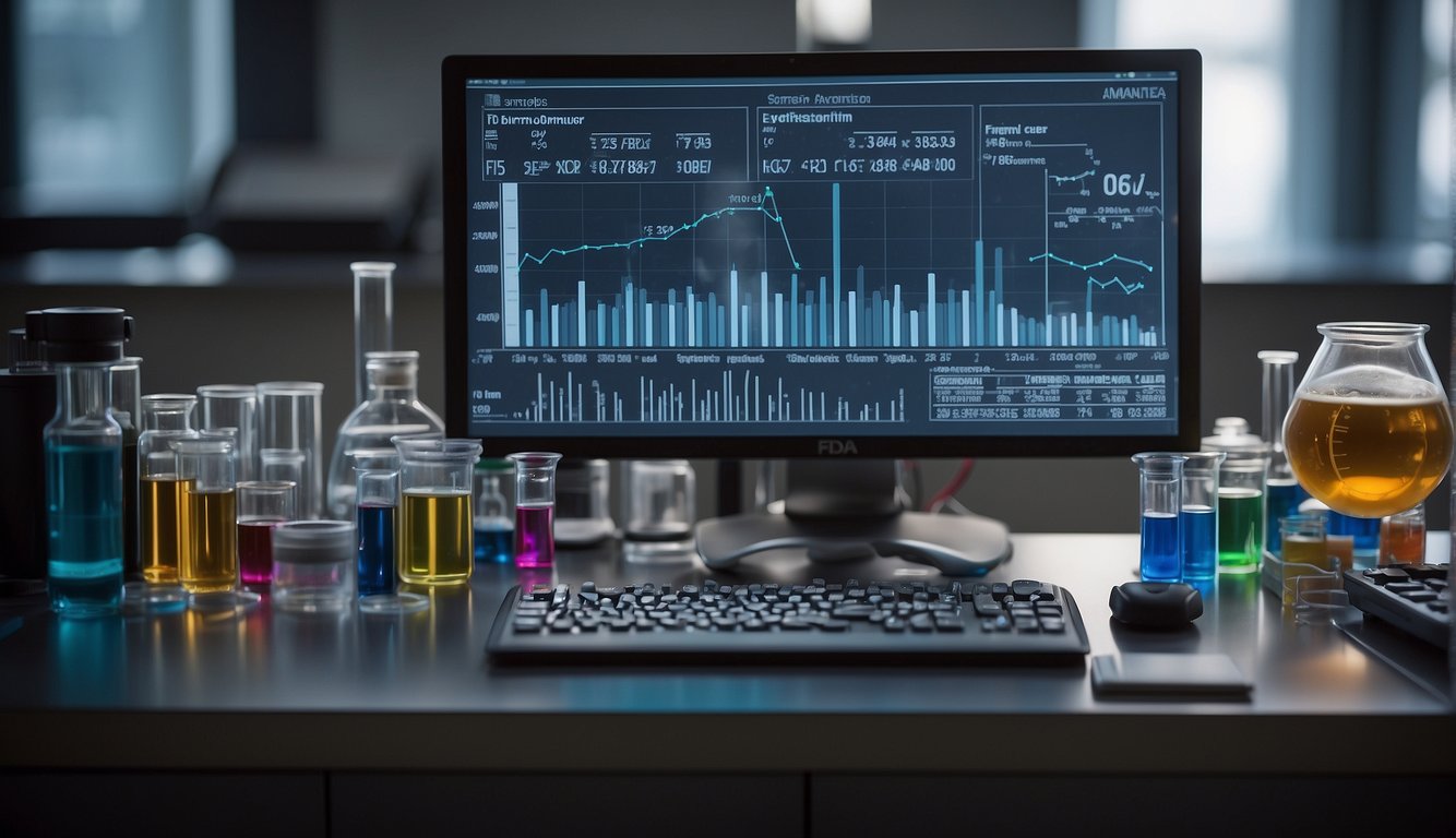 A lab setting with vials, test tubes, and scientific equipment. A computer screen displays data charts and graphs. FDA approval documents are visible on a desk
