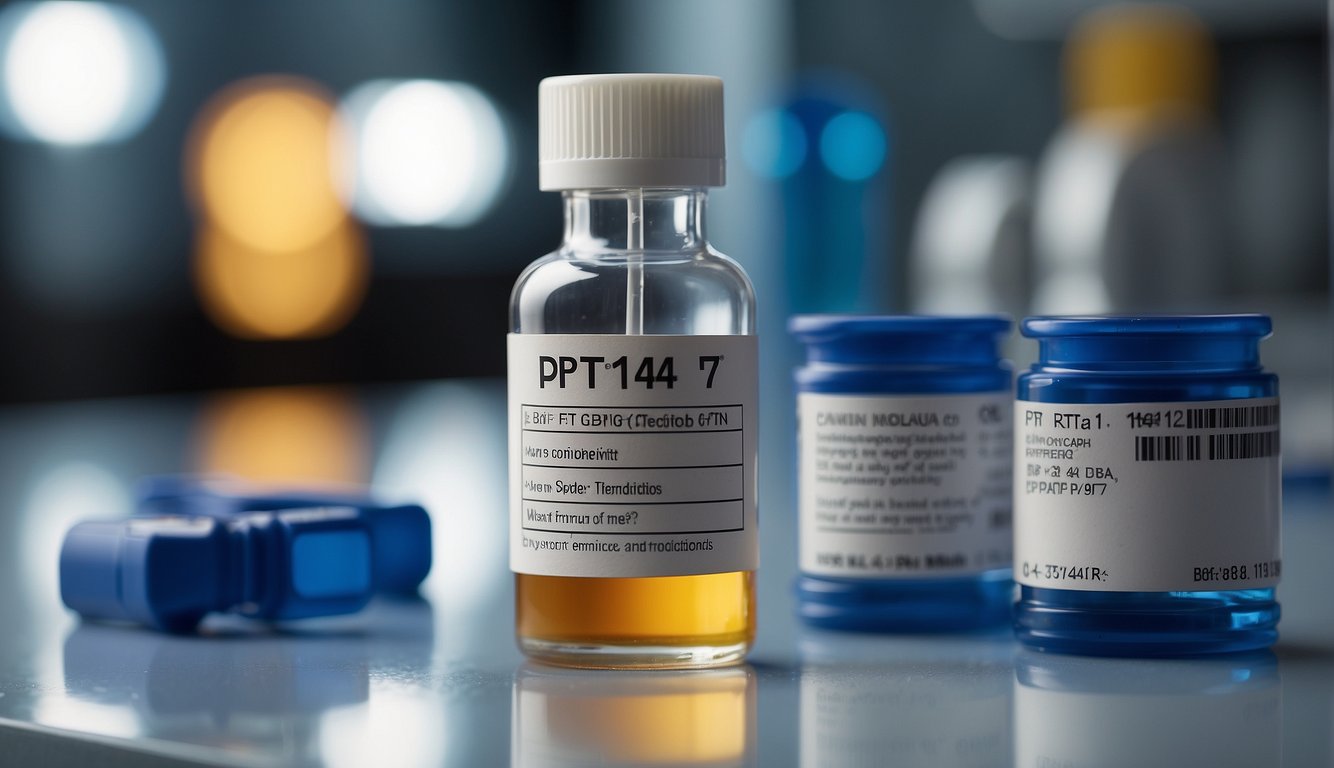 A vial of PT-141 peptide with a caution label, surrounded by medical equipment and a list of contraindications