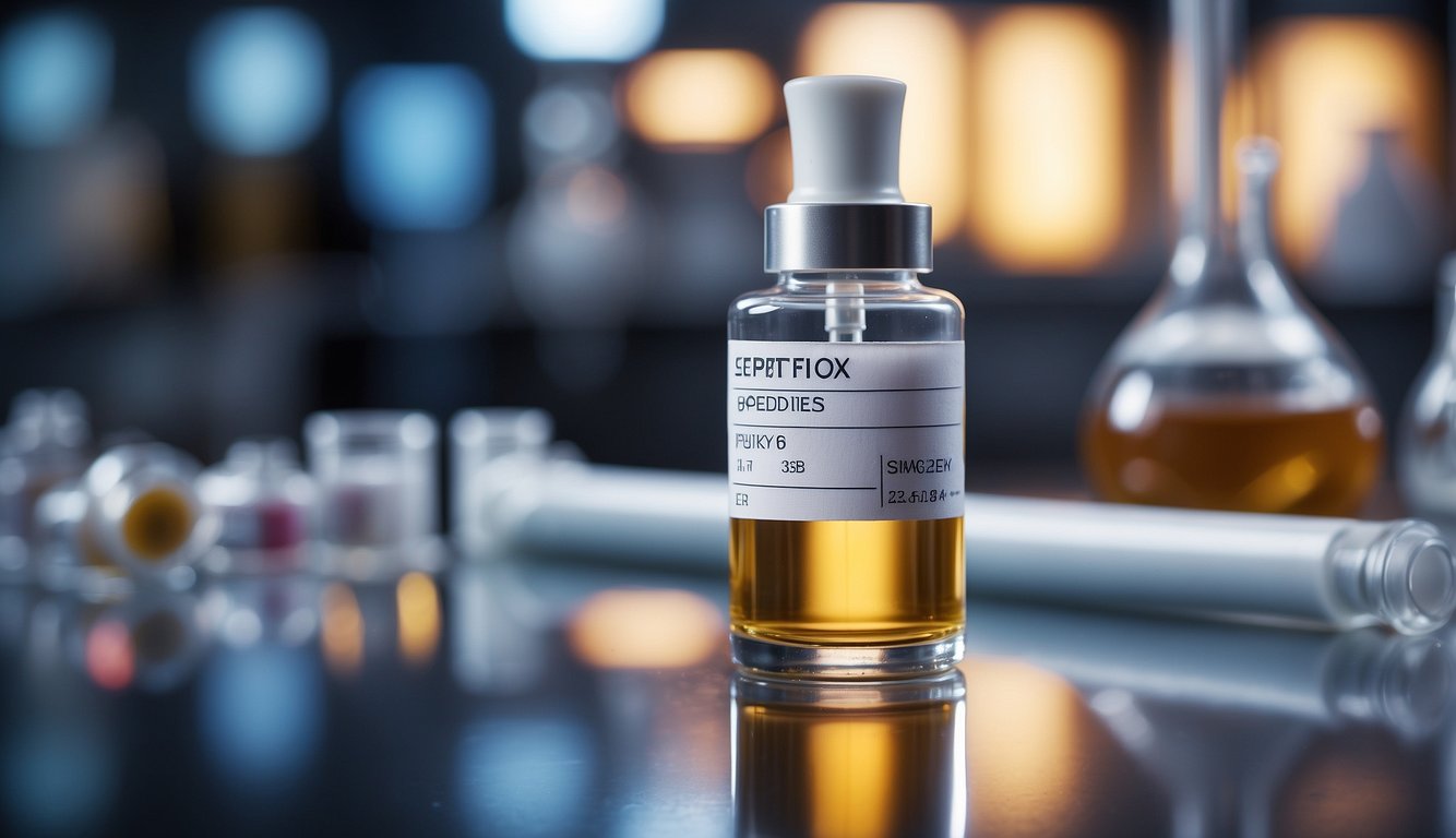 A vial of Semax Peptide sits on a laboratory bench, surrounded by scientific equipment and glassware. Bright lighting highlights the vial's label and the clear liquid inside