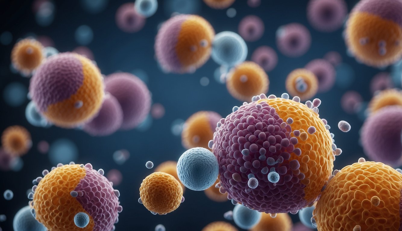 Cells receiving Semax Peptide show increased immune response. Visualize cells with heightened activity and vigor, possibly surrounded by other cells in a dynamic and bustling environment