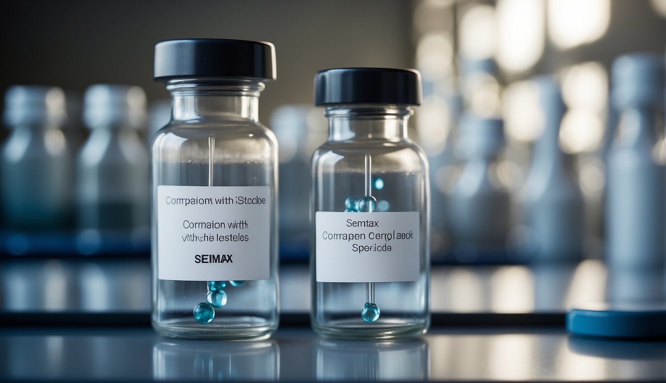 Two vials labeled "Comparison with Related Peptides" and "Semax Peptide" sit side by side on a laboratory bench