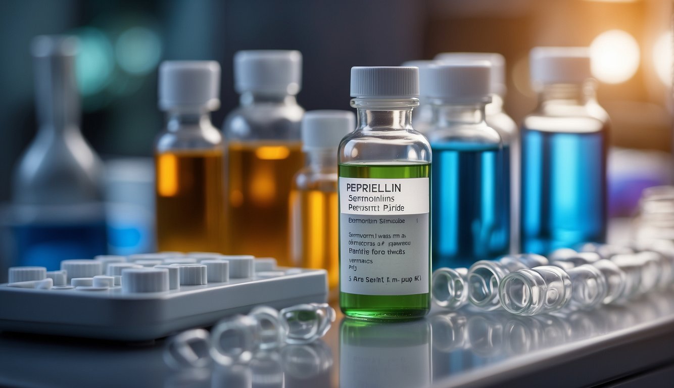 A vial of Sermorelin peptide sits on a laboratory bench, surrounded by scientific equipment and vials of other substances
